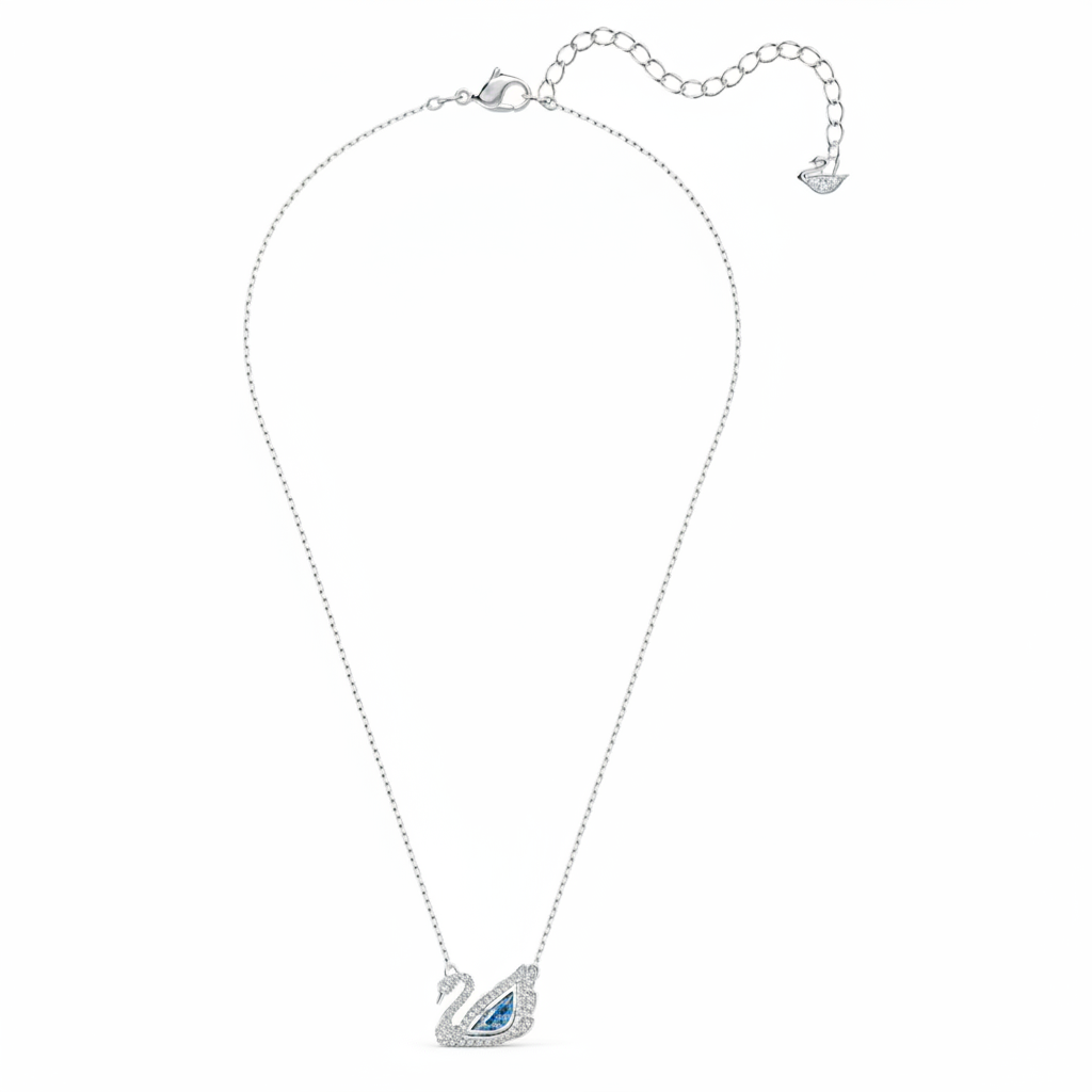 Swarovski Dancing Swan necklace in blue with rhodium plating, featuring a detailed swan pendant on a delicate chain.