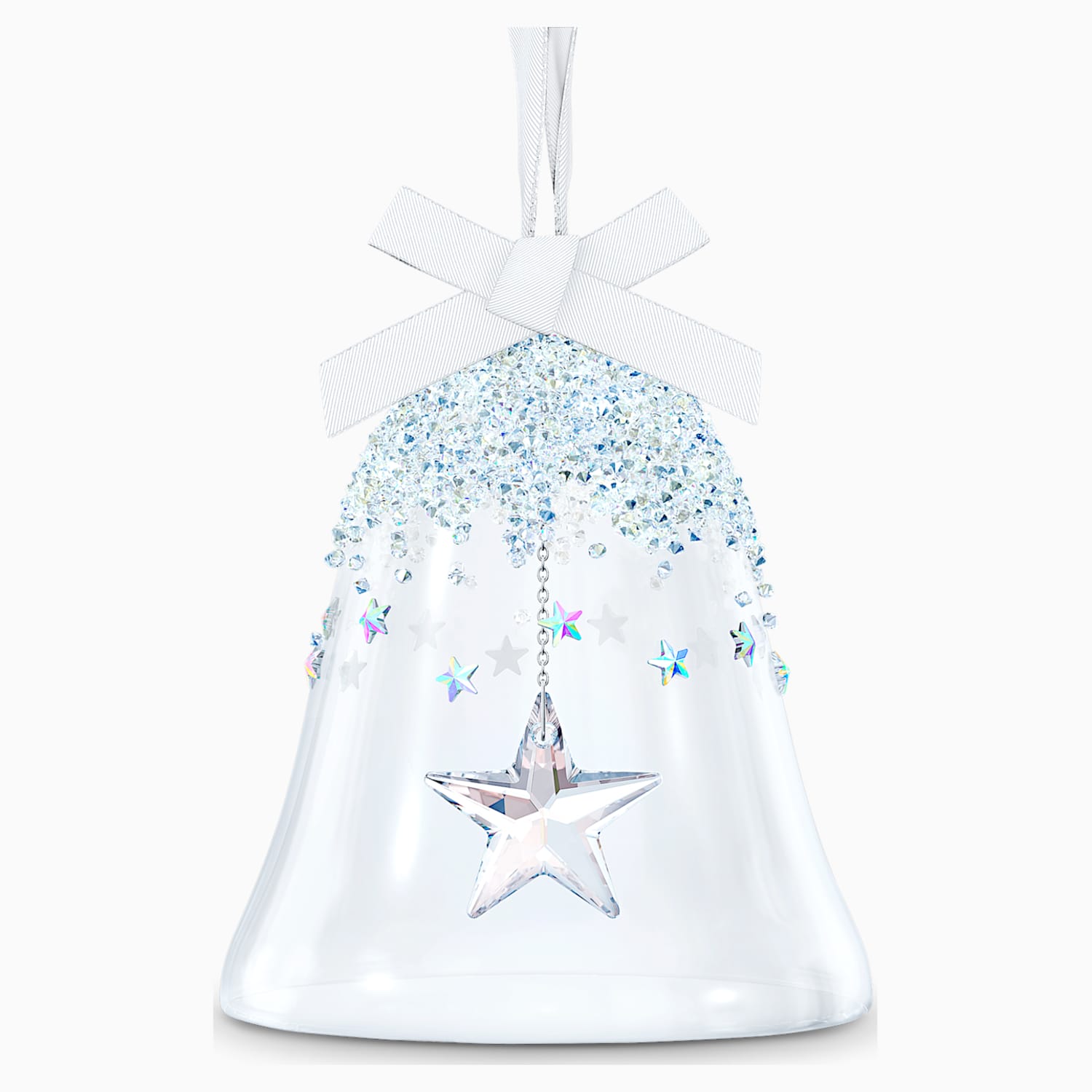 Large Swarovski bell and star ornament featuring seasonal symbols, crafted with sparkling crystal details.