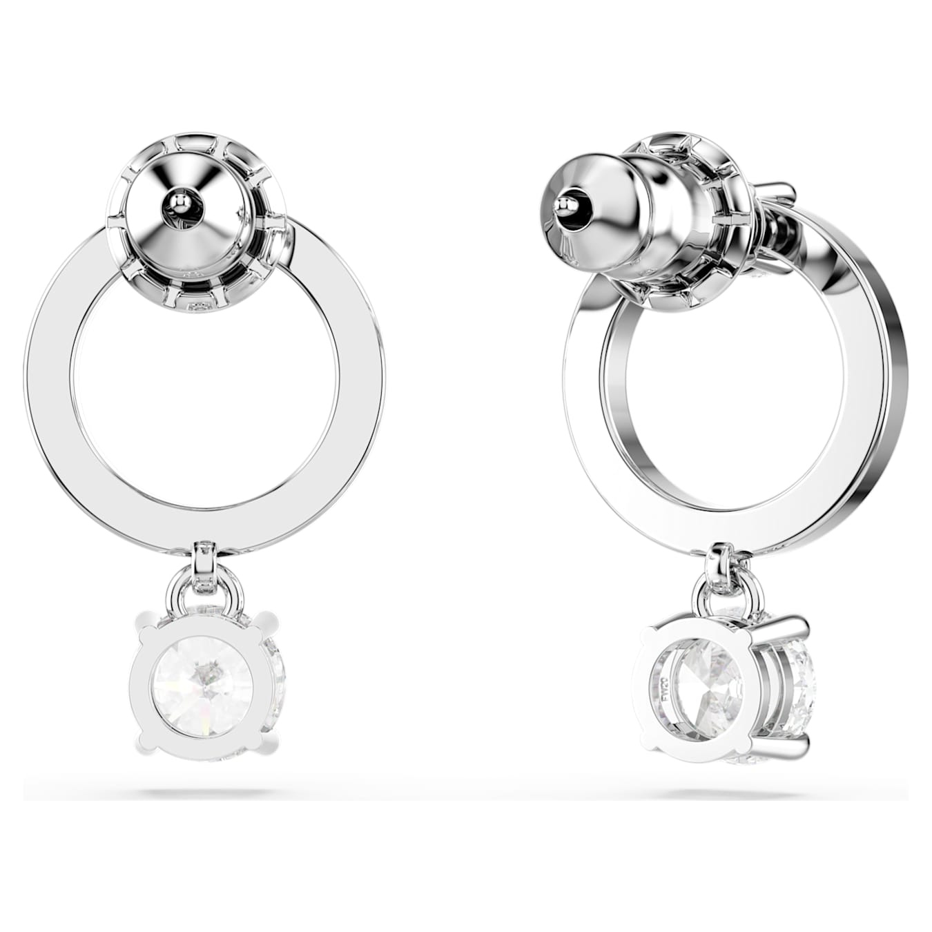 Swarovski Attract hoop earrings with round white crystals, rhodium-plated finish, showcasing elegant jewelry design.