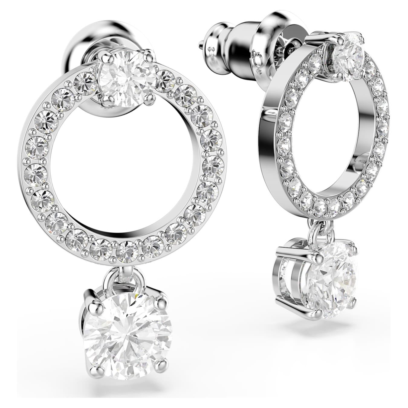 Swarovski Attract hoop earrings with round cut white crystals and rhodium plating, showcasing elegant jewelry design.
