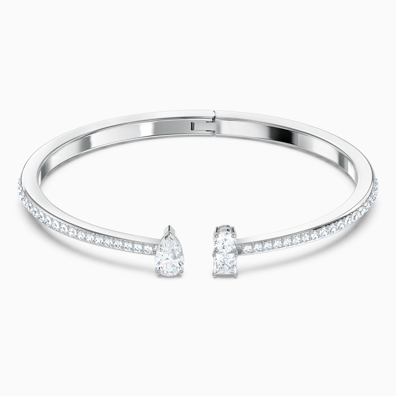 Swarovski Attract Cuff featuring mixed cut crystals in silver-tone metal, showcasing a stylish and elegant jewelry accessory.