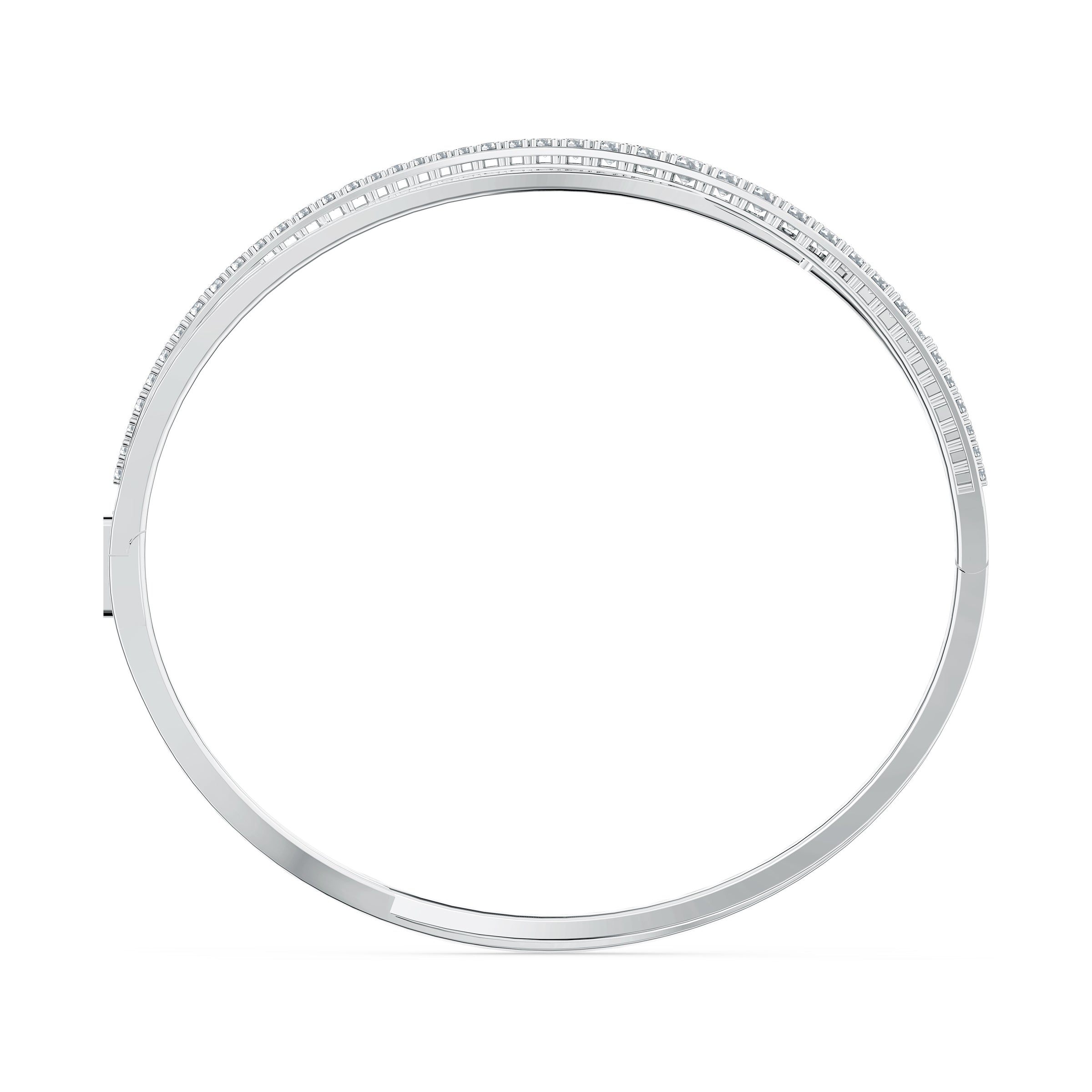Swarovski Hyperbola Bangle with round-cut white crystals, rhodium-plated silver-tone jewelry, elegant and modern design.