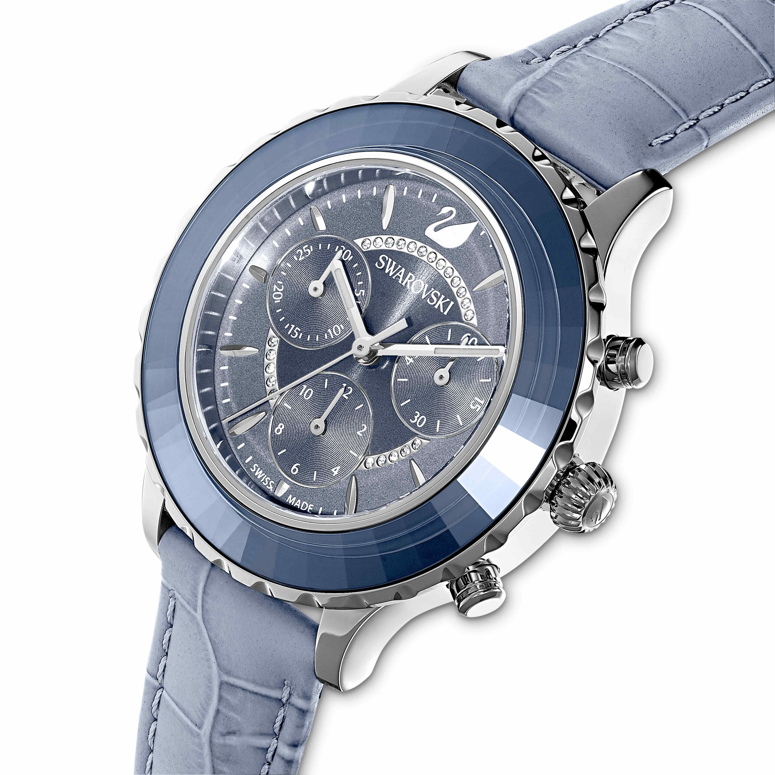 Swarovski Octea Lux Chrono Swiss Made watch with blue leather strap and stainless steel case, featuring a stylish dial.
