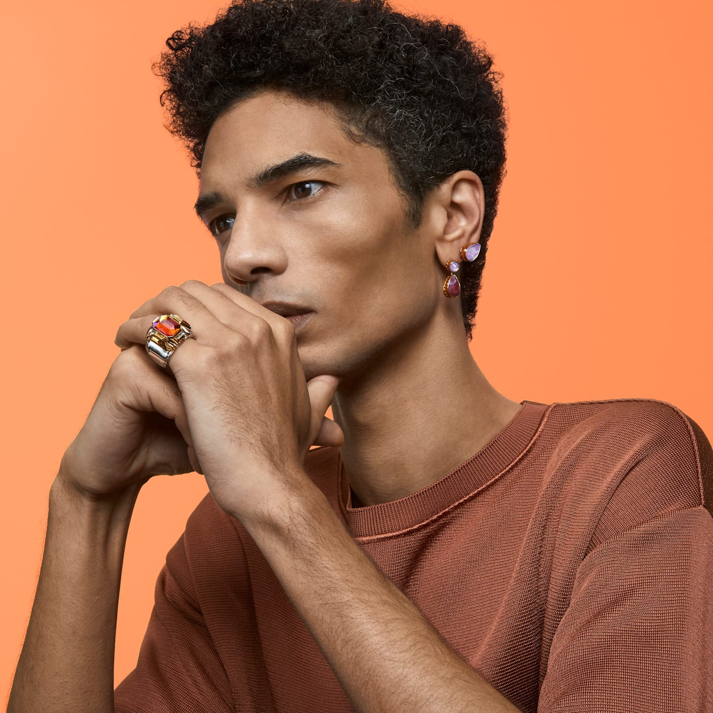 Swarovski Orbita stud earring with multicolored crystal and gold-tone plating, single earring for elegant jewelry style.