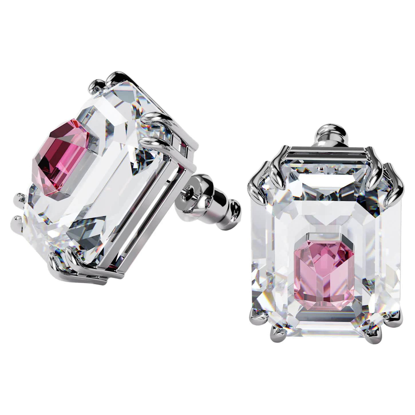 Swarovski Chroma octagon cut pink stud earrings with rhodium plating showcasing sparkling crystal design.