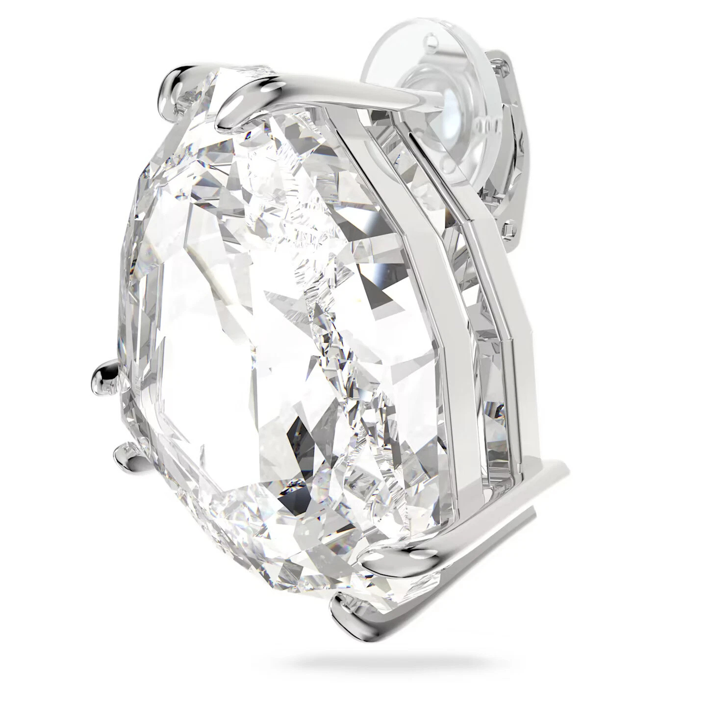 Swarovski Mesmera single clip earring with triangle cut white crystal and rhodium plating, elegant and sparkling jewelry accessory.
