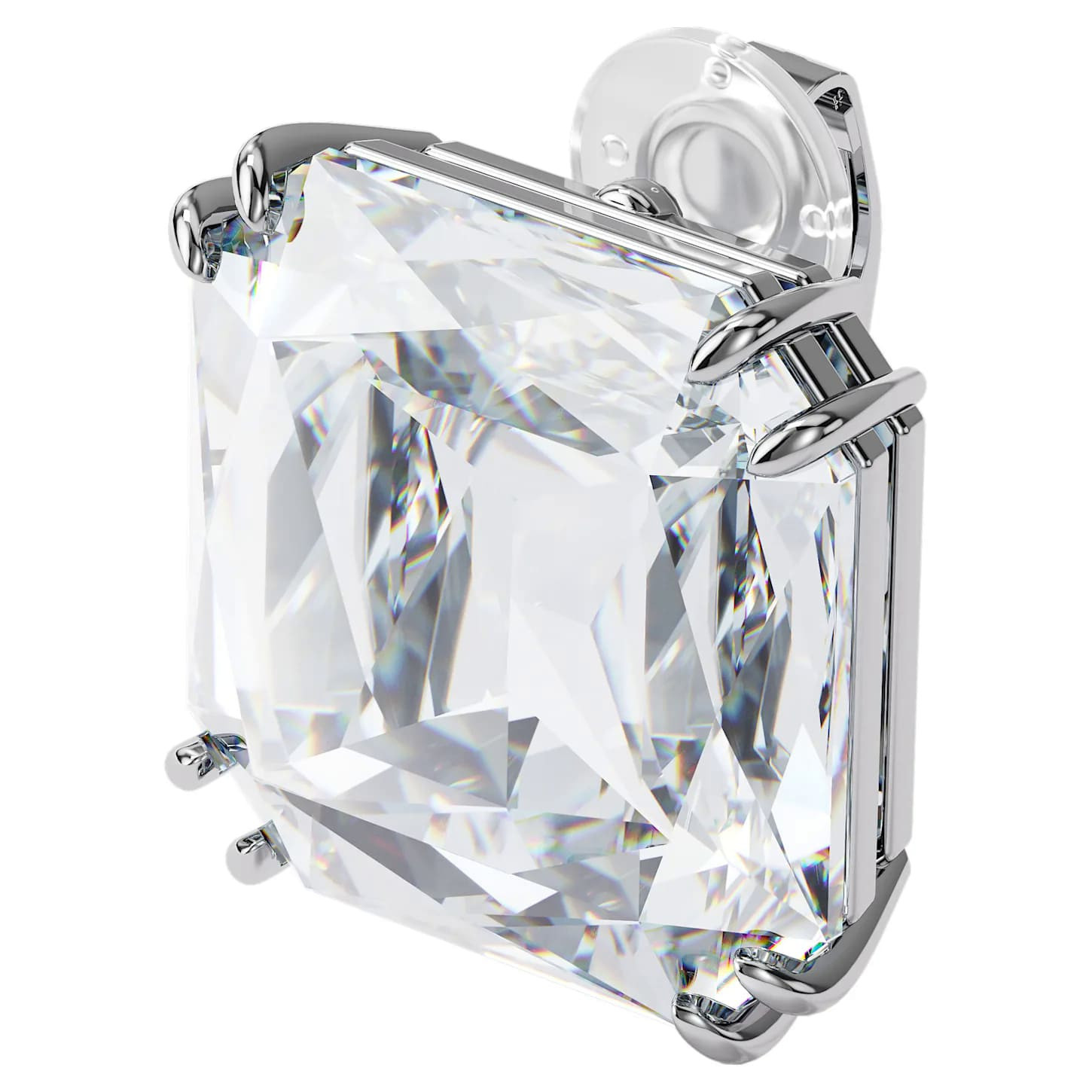 Swarovski Mesmera clip earring with a single square cut crystal, white rhodium plating, and elegant design.