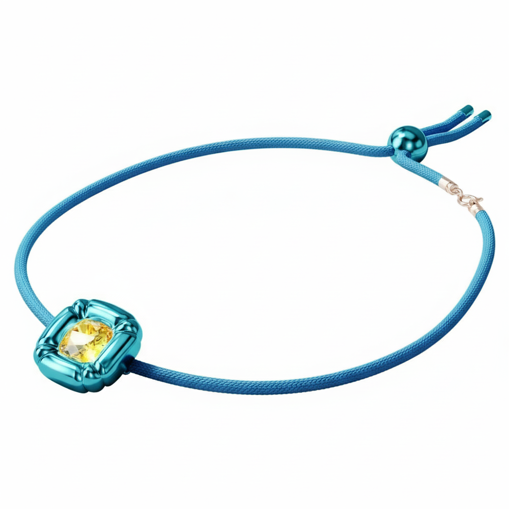 Swarovski Dulcis choker necklace with cushion cut blue crystals, elegant jewelry piece on a white background.