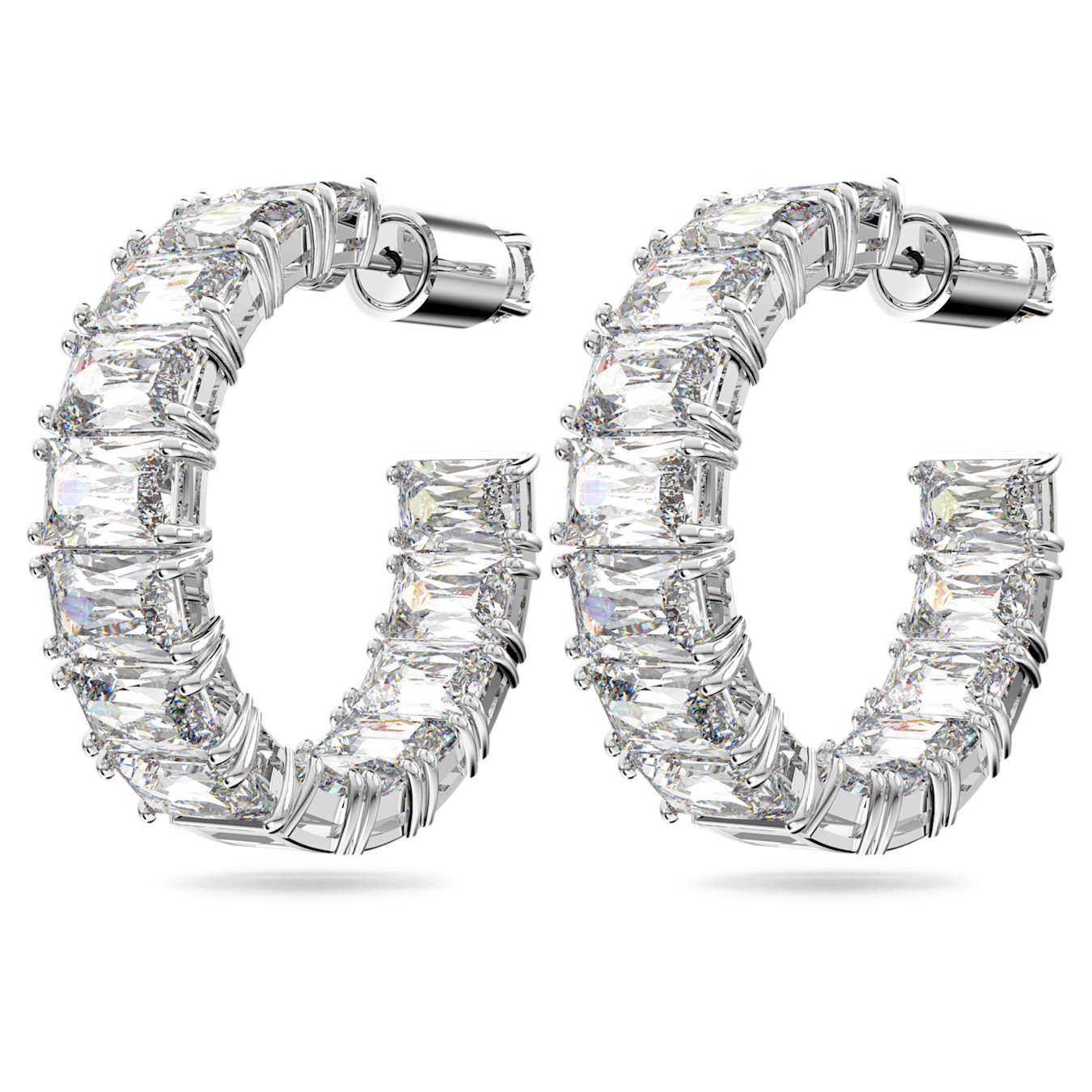 Swarovski Millenia hoop earrings with octagon cut white crystals, rhodium plated for a sleek, elegant look.