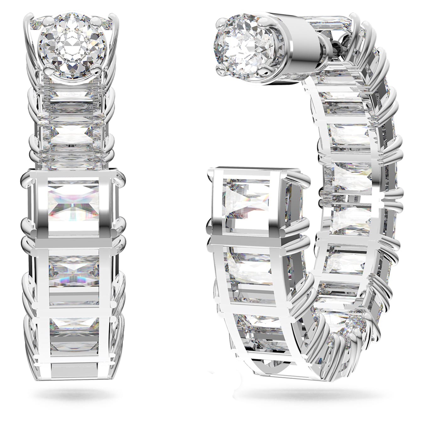 Swarovski Millenia hoop earrings with octagon cut white crystals and rhodium plating, showcasing elegant jewelry design.