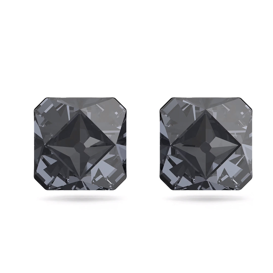 Gray Swarovski Ortyx stud earrings with pyramid cut design, ruthenium plating, and post back for pierced ears.