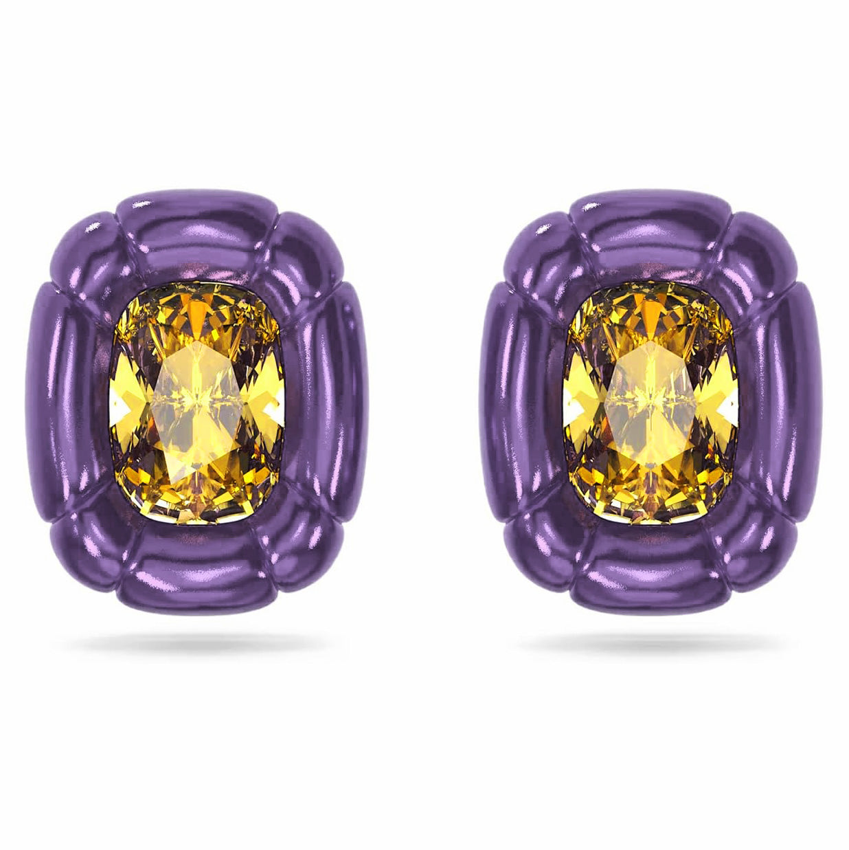 Swarovski Dulcis Clip Earrings with cushion-cut purple crystals and silver-tone metal setting.