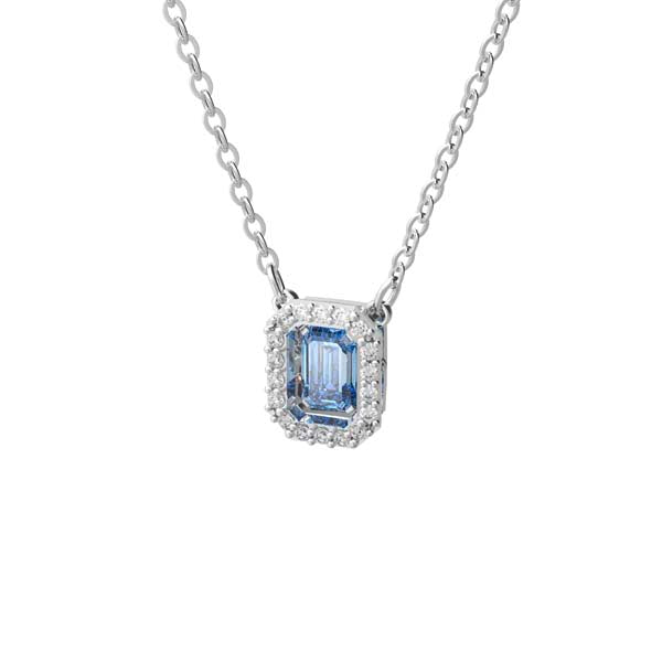 Swarovski Una necklace with octagon-shaped blue crystal pendant, rhodium-plated chain, elegant jewelry accessory