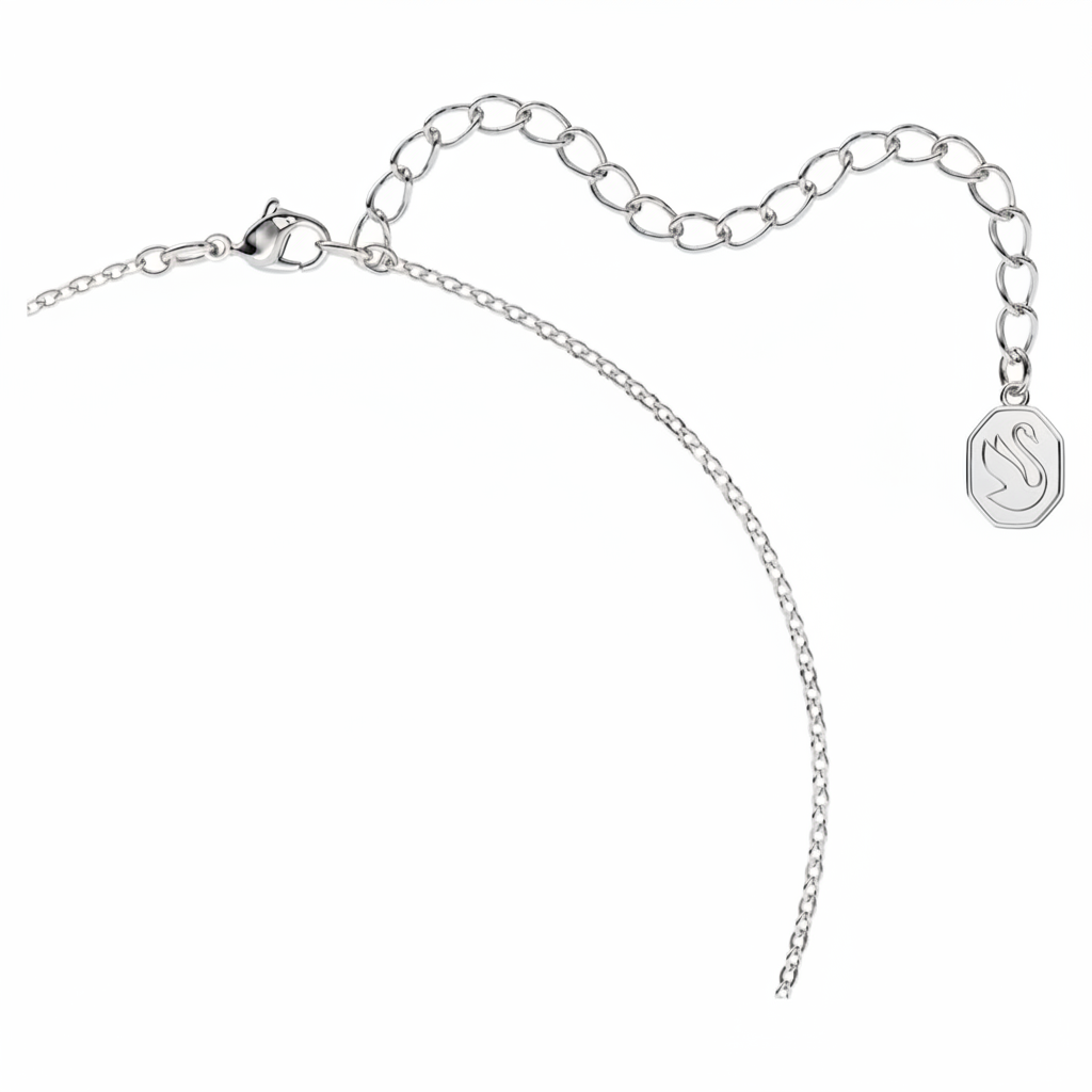 Swarovski Una necklace with an octagon-shaped blue crystal pendant, rhodium-plated silver chain, elegant jewelry accessory.