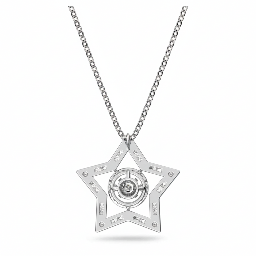 Swarovski Stella Pendant with mixed cut white crystals in star shape, rhodium plated, elegant jewelry piece.