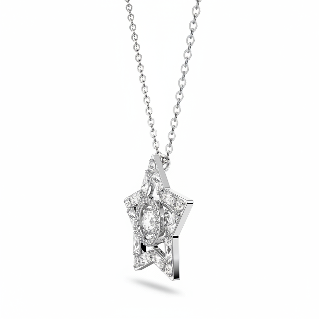 Swarovski Stella Pendant with mixed cut star-shaped white crystals, rhodium-plated silver chain, elegant jewelry accessory