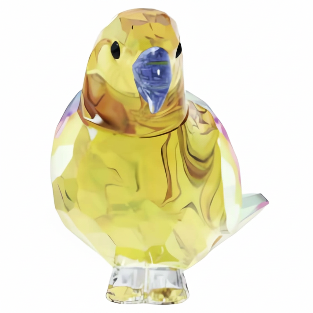 Swarovski Jungle Beats yellow parakeet Lechee figurine with detailed crystal craftsmanship and vibrant yellow color.