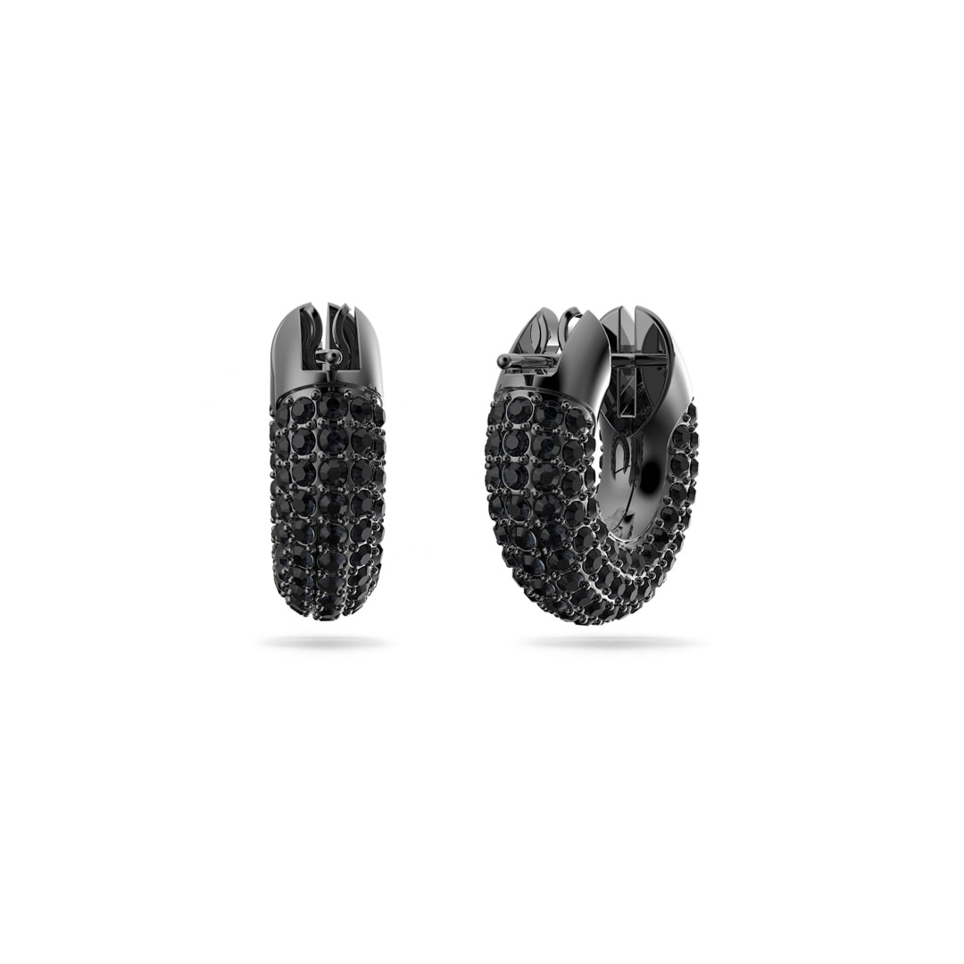 Small Swarovski Dextera hoop earrings in black ruthenium plating, showcasing sleek, elegant jewelry design.