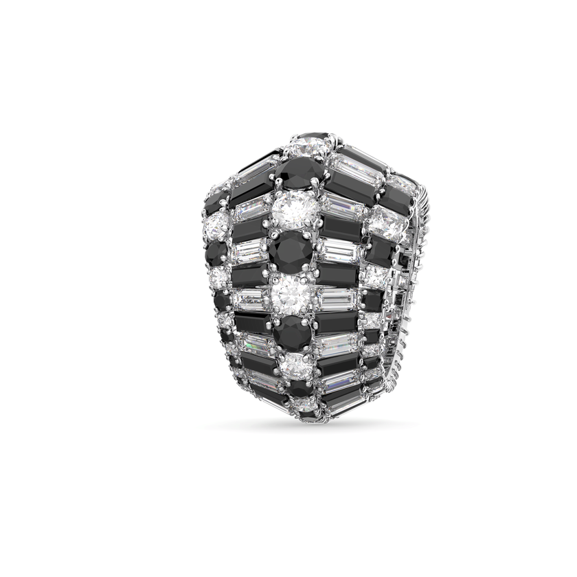 Swarovski Hyperbola ring with black Swarovski zirconia and rhodium plating, showcasing a sleek, modern jewelry design.