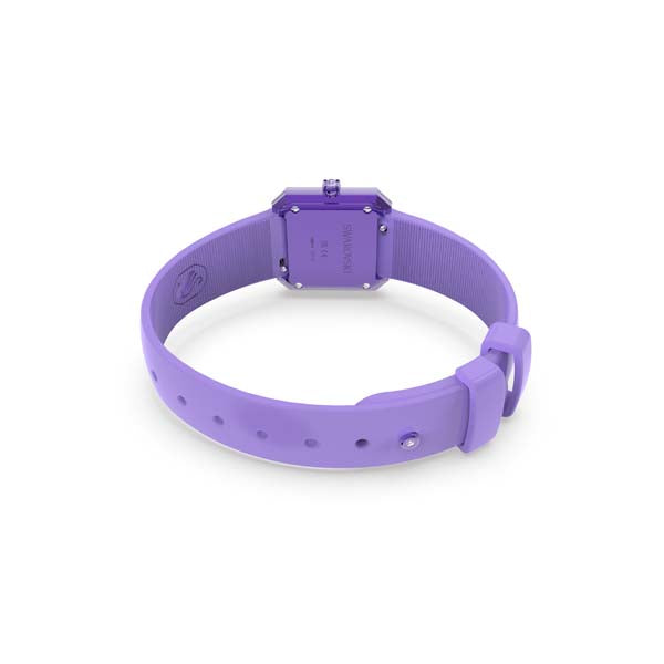Purple silicone strap for Swarovski watch, flexible and stylish accessory with the Swarovski brand logo visible.