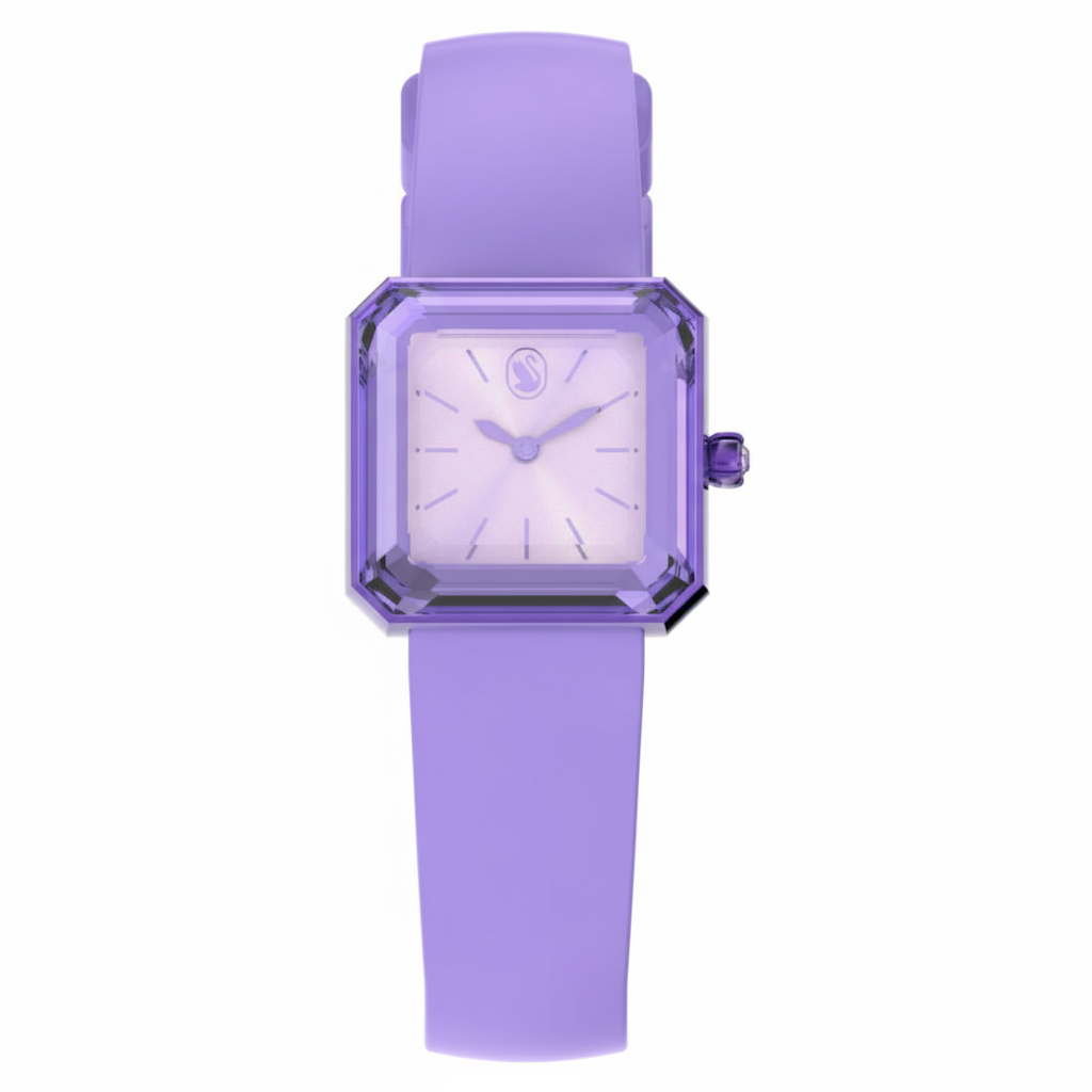 Purple Swarovski watch with a silicone strap, featuring a sleek and modern design.