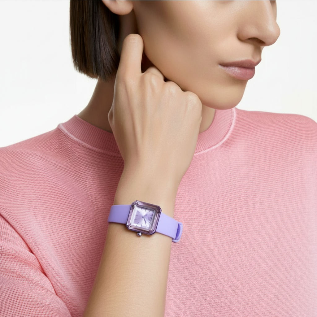 Purple Swarovski watch with silicone strap, close-up of the stylish and colorful band and elegant watch face.