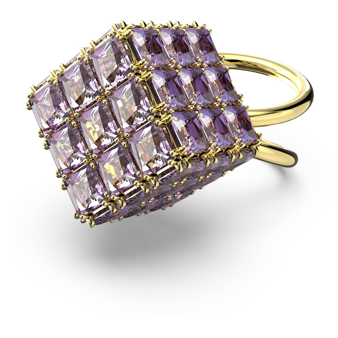 Swarovski Curiosa cocktail ring with a square-cut purple gemstone, gold-tone plated band, elegant jewelry accessory