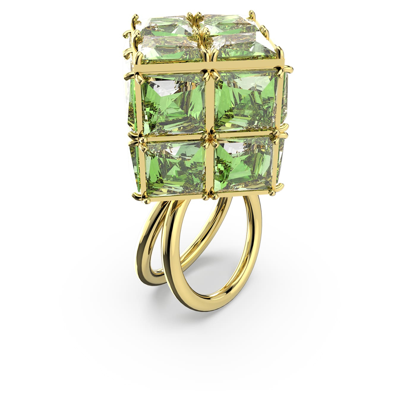 Swarovski Curiosa cocktail ring with square-cut green crystal and gold-tone plated band, stylish jewelry accessory.
