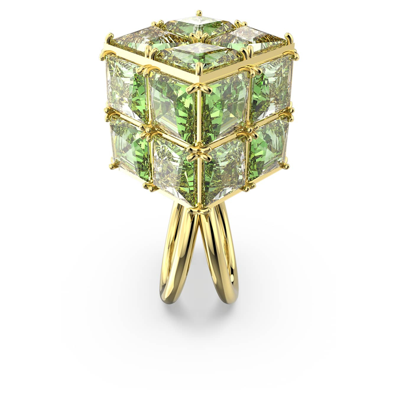Swarovski Curiosa cocktail ring with square-cut green gemstone and gold-tone plating, elegant jewelry accessory.