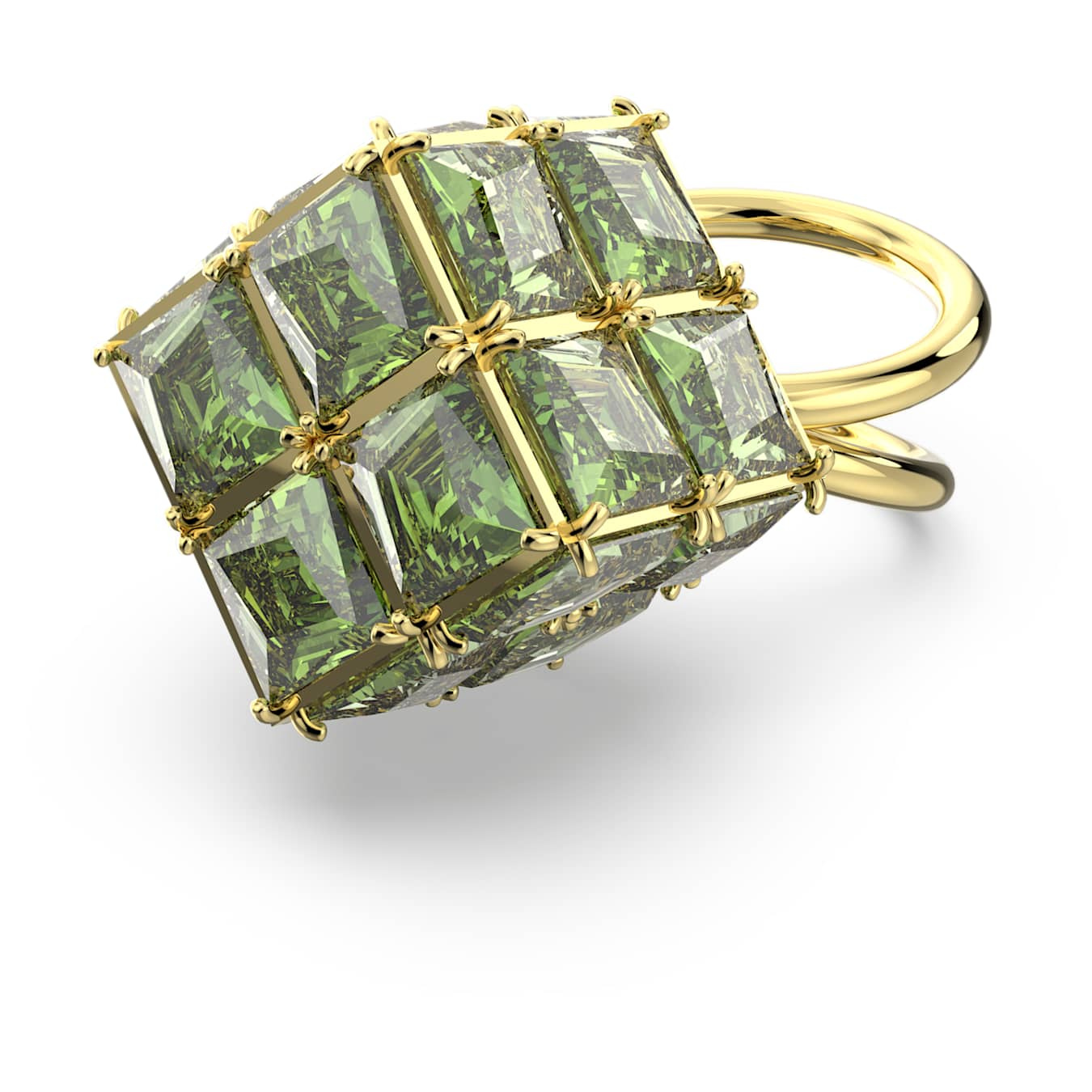 Swarovski Curiosa green square-cut cocktail ring with gold-tone plated band, showcasing a sparkling green gemstone and elegant design