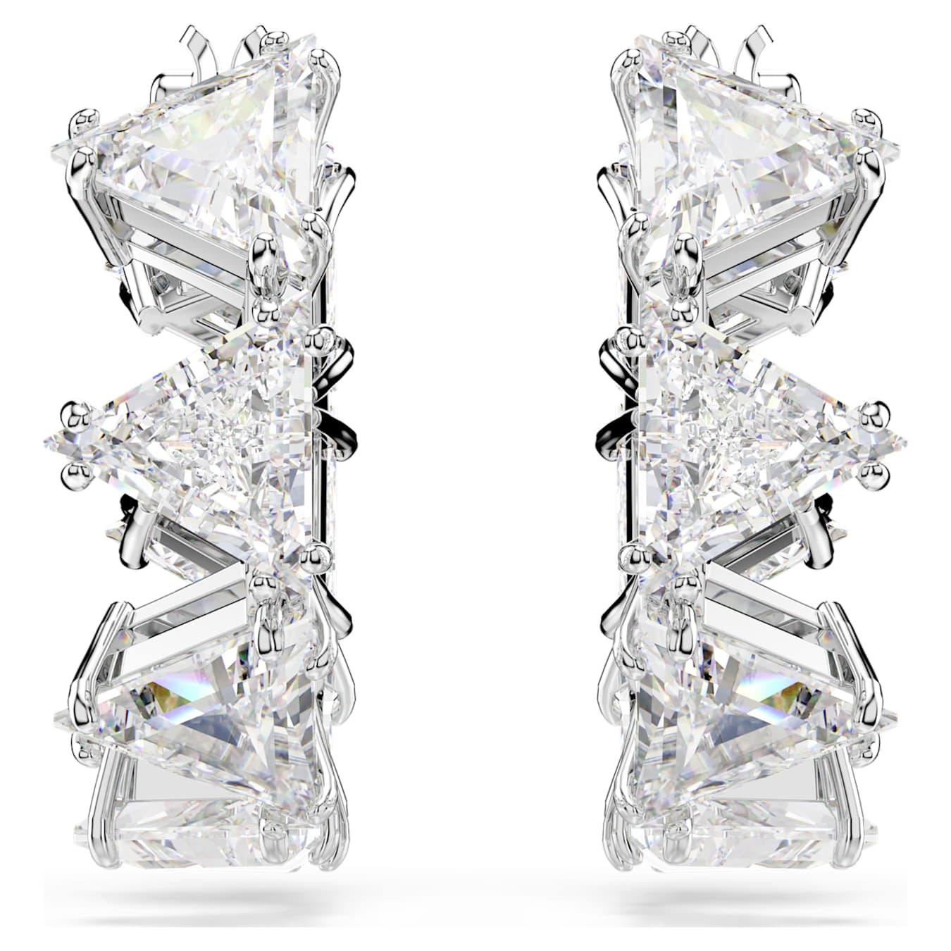 Swarovski Matrix hoop earrings with white crystals and rhodium plating, showcasing elegant, sparkling jewelry design.