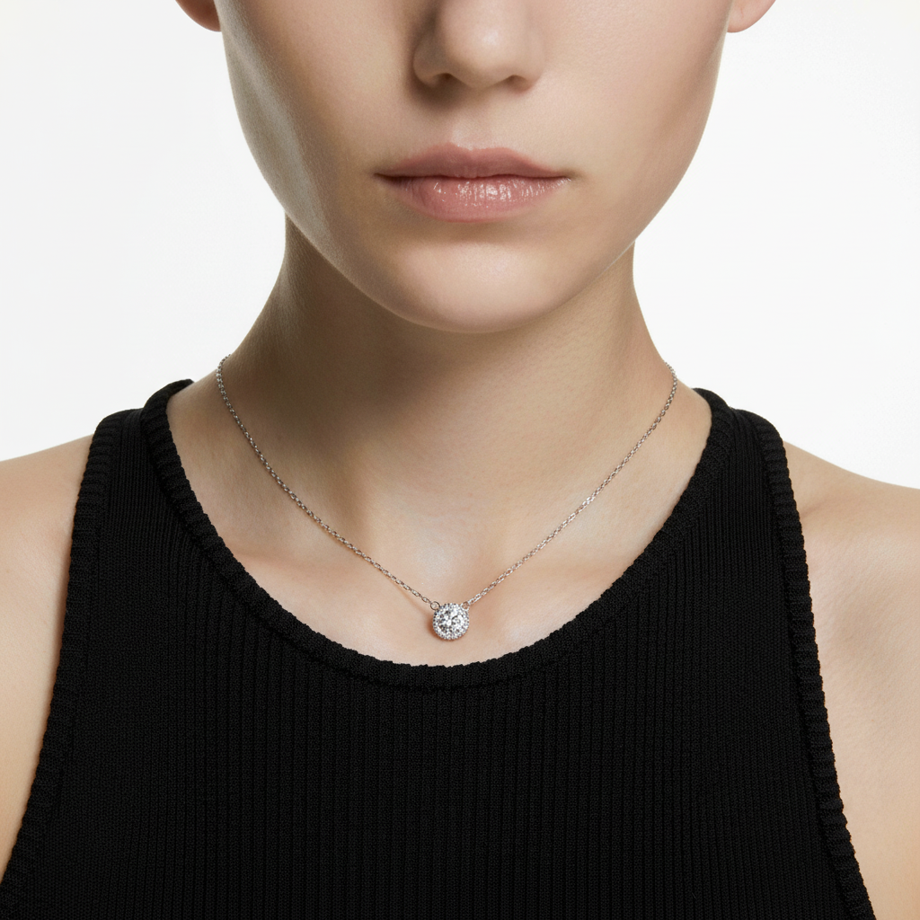 Swarovski Una Angelic pendant featuring round cut pavé white crystals with rhodium plating, elegant jewelry accessory.