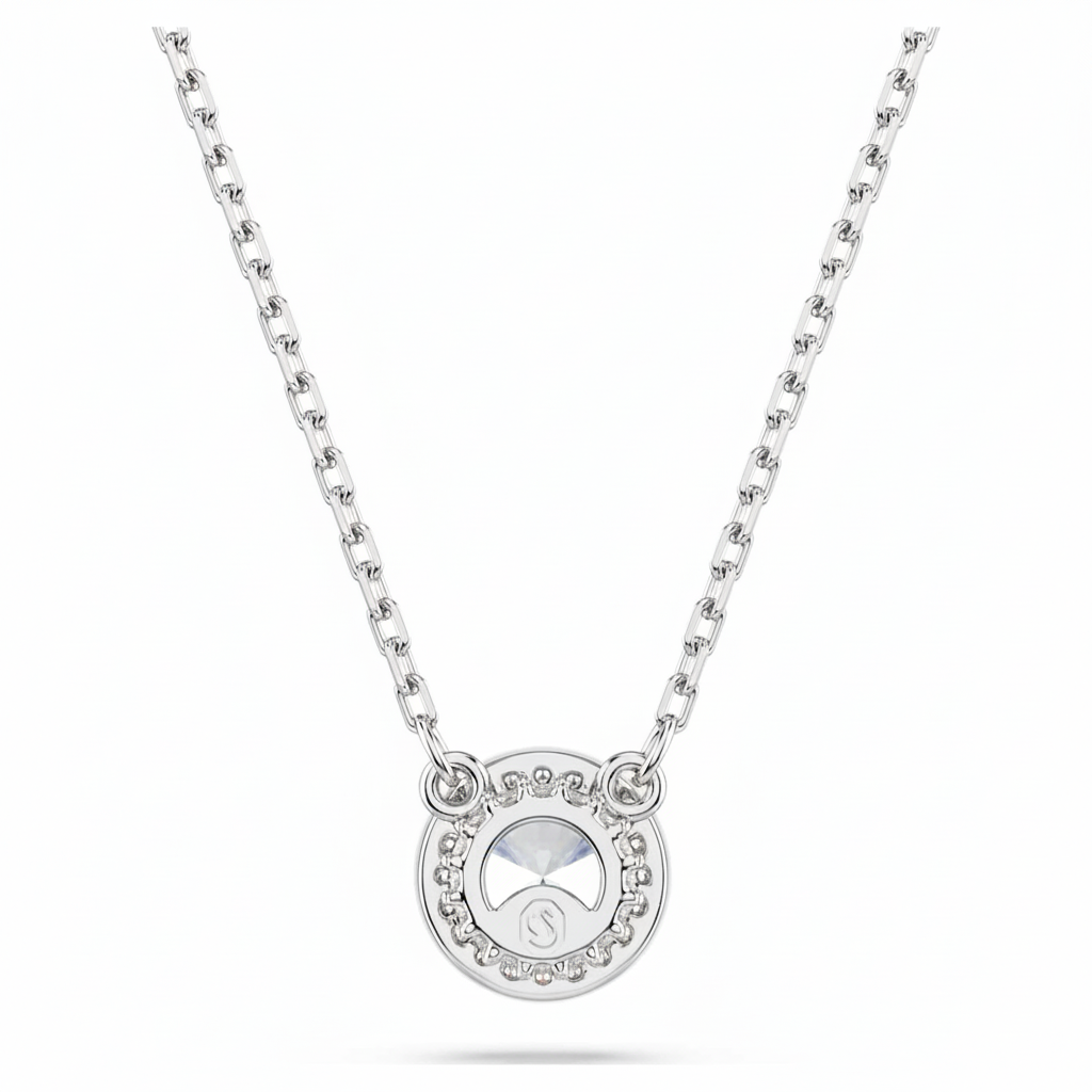 Swarovski Una Angelic pendant featuring round cut white crystals, pavé design, rhodium-plated for elegant jewelry.
