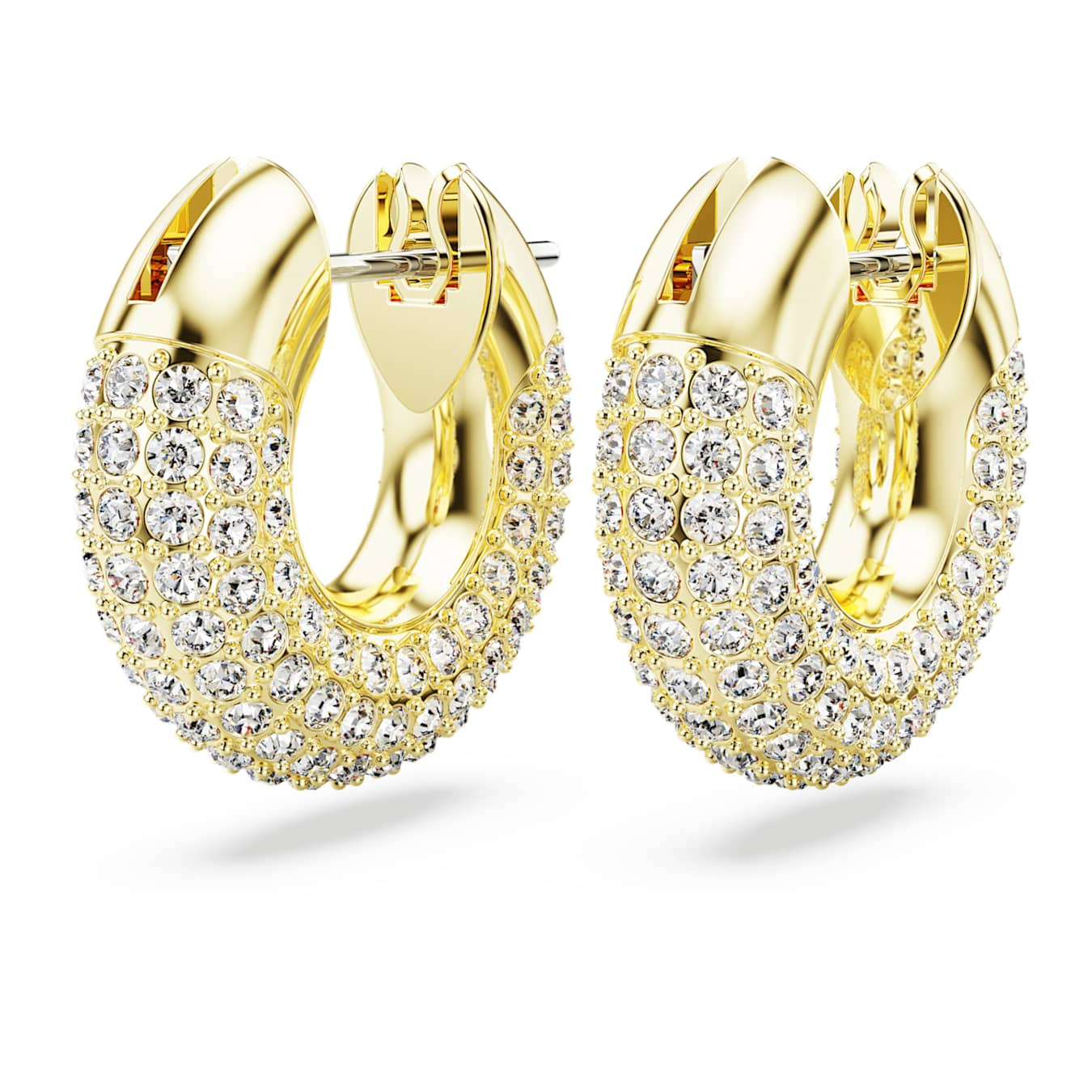 Swarovski Dextera small hoop earrings in white with gold-tone plating, featuring sparkling crystal accents.
