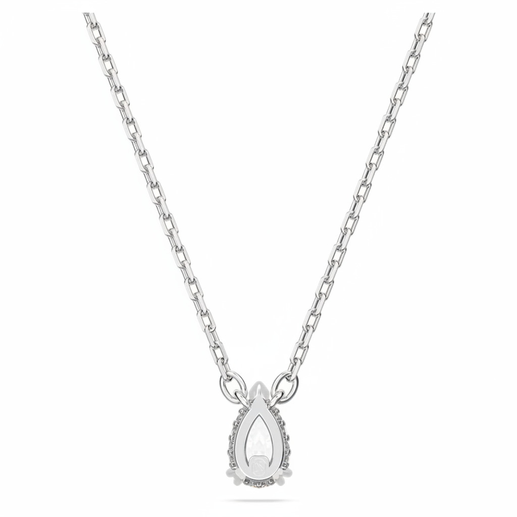 Swarovski Stilla pendant with pear-shaped white crystal, rhodium-plated, showcasing elegant jewelry design.