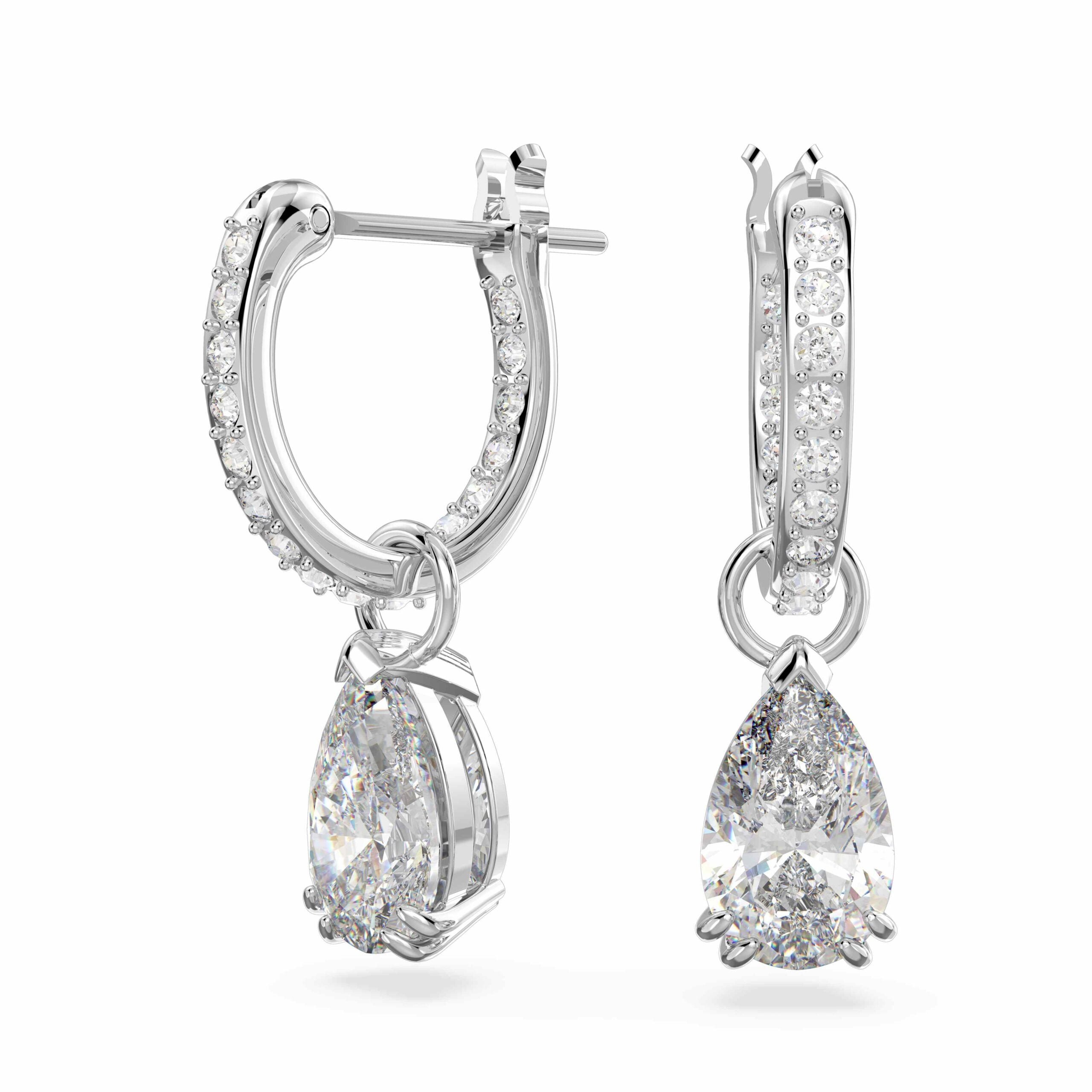 Swarovski Millenia hoop earrings with pear-cut white crystals, rhodium-plated for a sleek, elegant look.