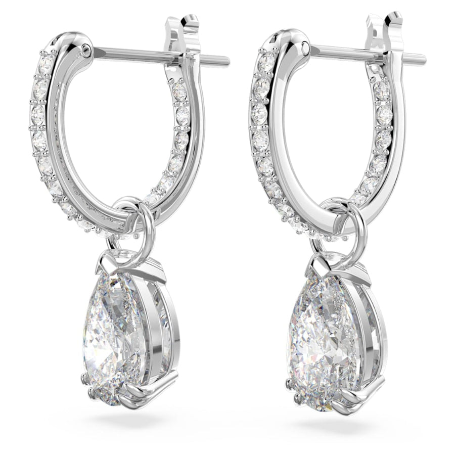 Swarovski Millenia hoop earrings with pear-cut white crystals, rhodium-plated, elegant jewelry for women