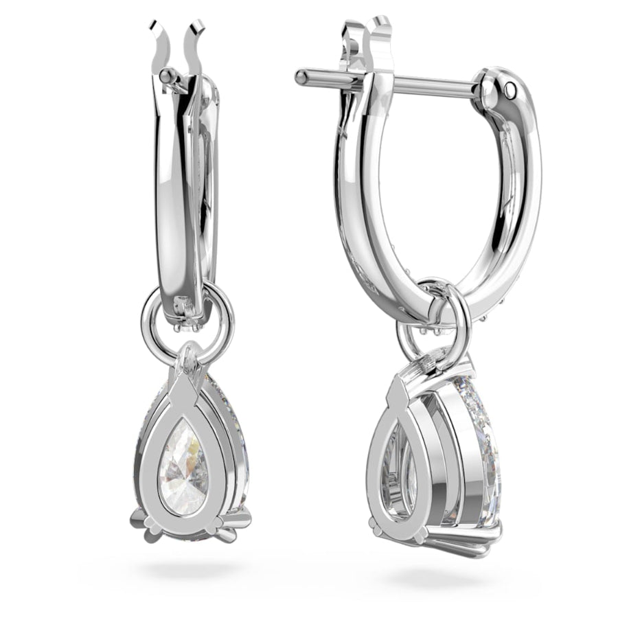 Swarovski Millenia hoop earrings with pear-cut white crystals and rhodium plating, showcasing elegant jewelry design.