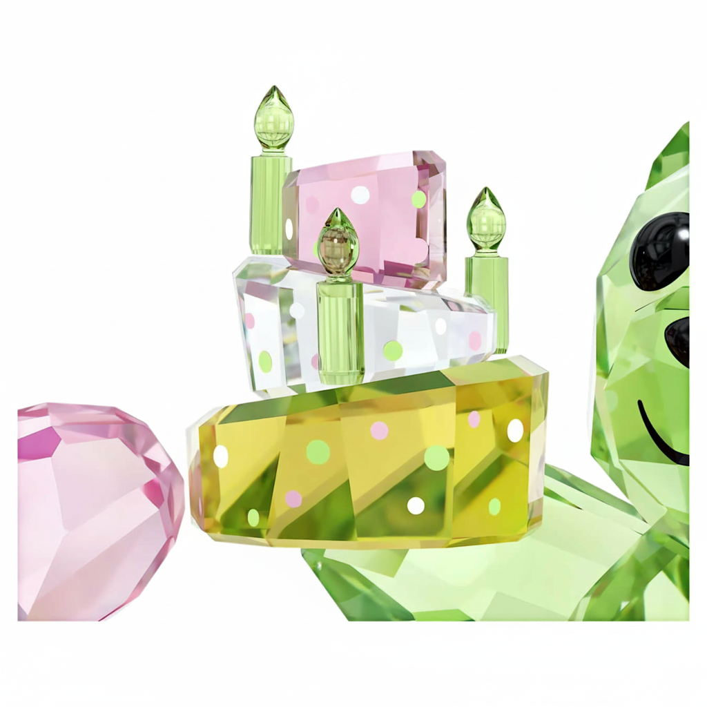 Swarovski Kris Bear Birthday Bears figurine with sparkling crystal detailing, showcasing a cute bear holding a birthday cake.