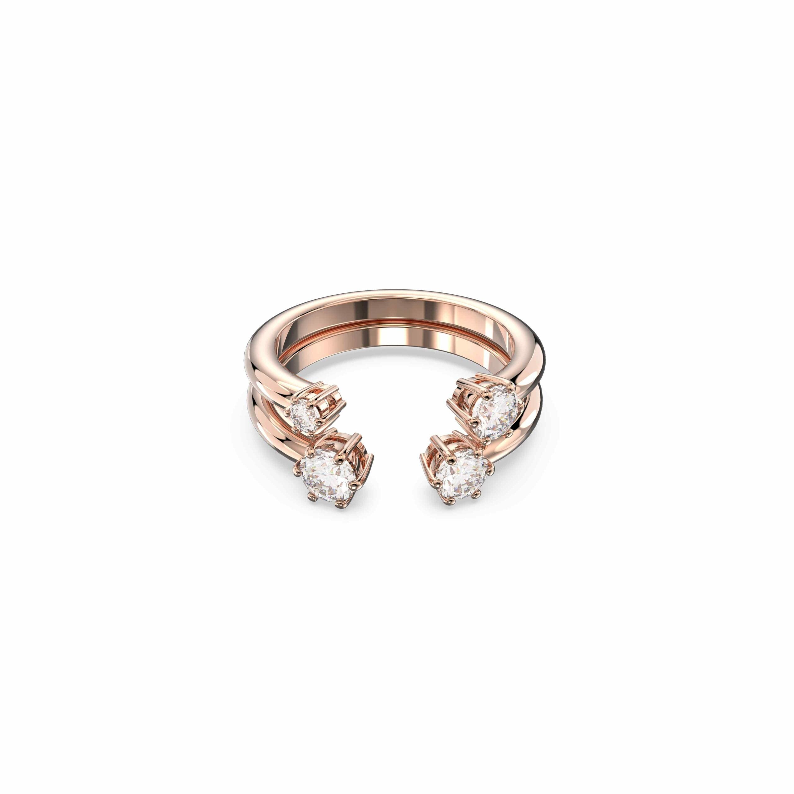 Swarovski Constella ring set with two rose-gold plated rings featuring round-cut white crystals, elegant jewelry design.