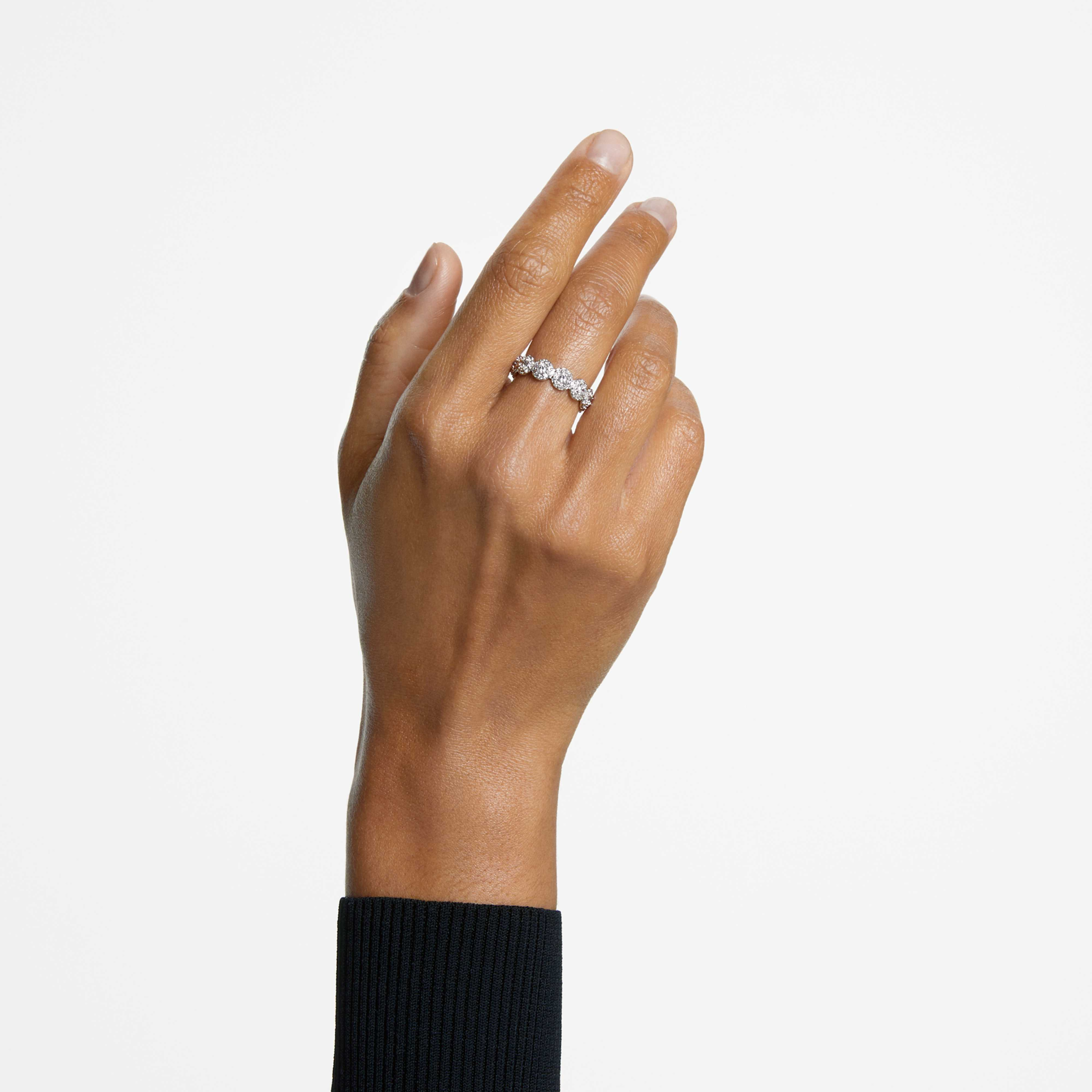 Swarovski Una Angelic ring with round cut white crystal, rhodium-plated band and intricate angelic design.