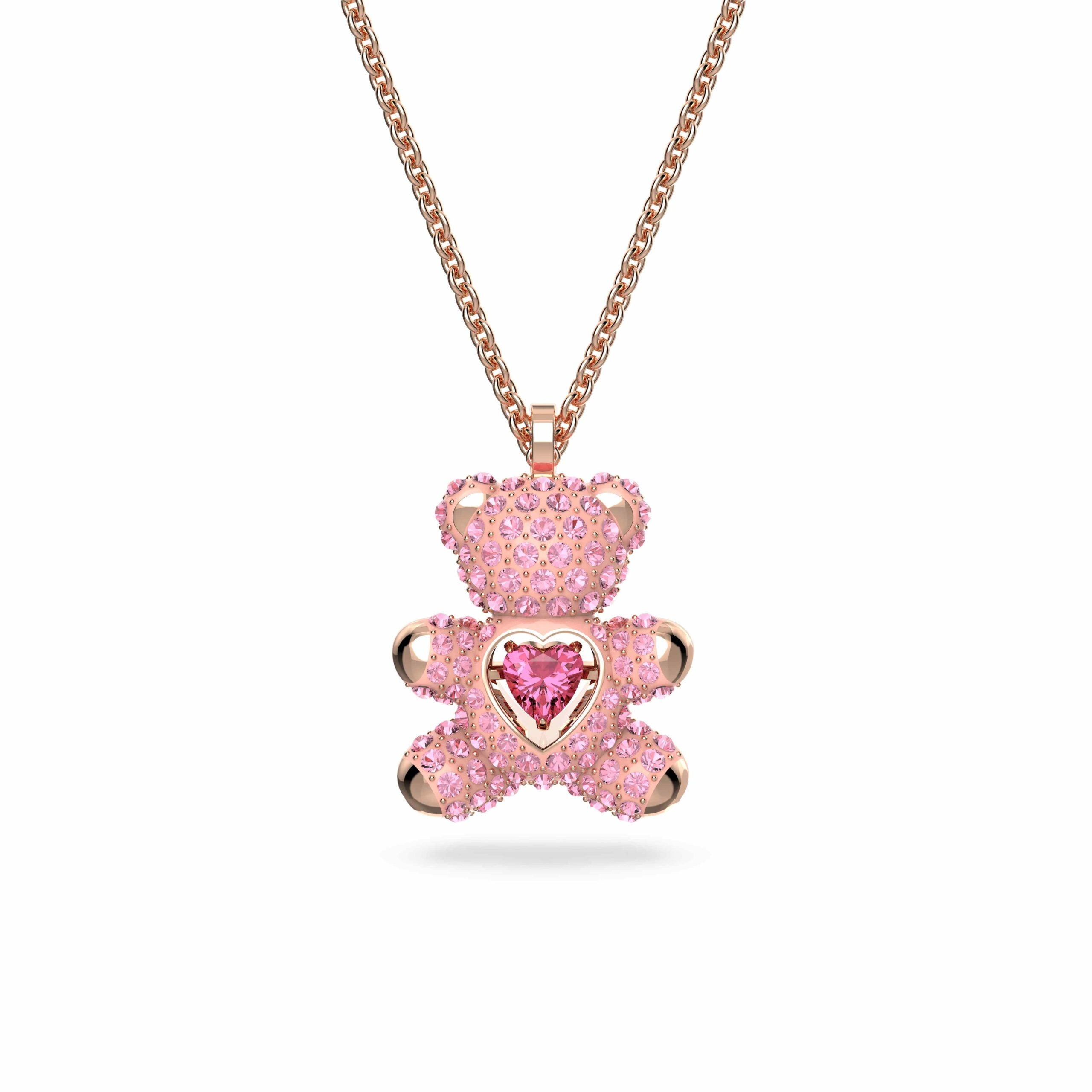 Swarovski Teddy Heart Pendant in rose and clear crystals, featuring a detailed teddy bear design on a delicate chain.