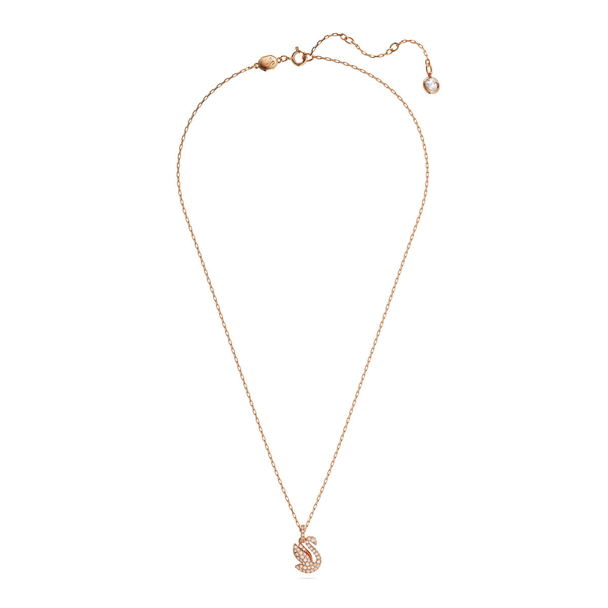 Small Swarovski Swan pendant in white with rose gold-tone plating, featuring elegant detailing and a delicate chain.