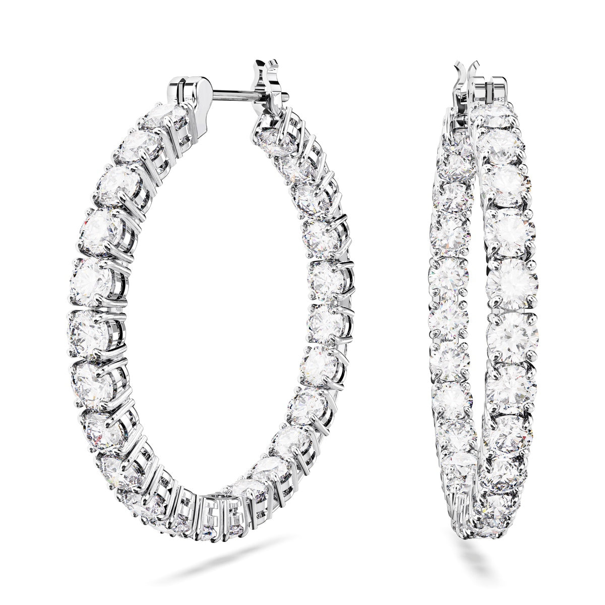 Swarovski Matrix hoop earrings with round-cut white crystals and rhodium plating, showcasing elegant, sparkling jewelry design.