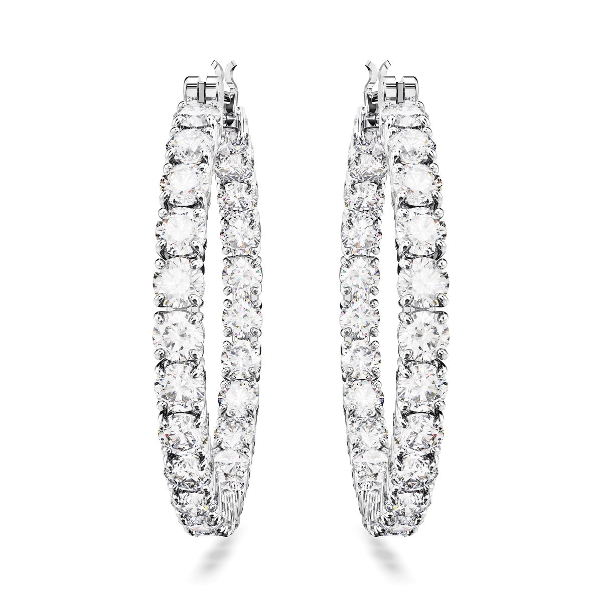 Swarovski Matrix hoop earrings with round cut white crystals, rhodium plated, showcasing elegant jewelry design