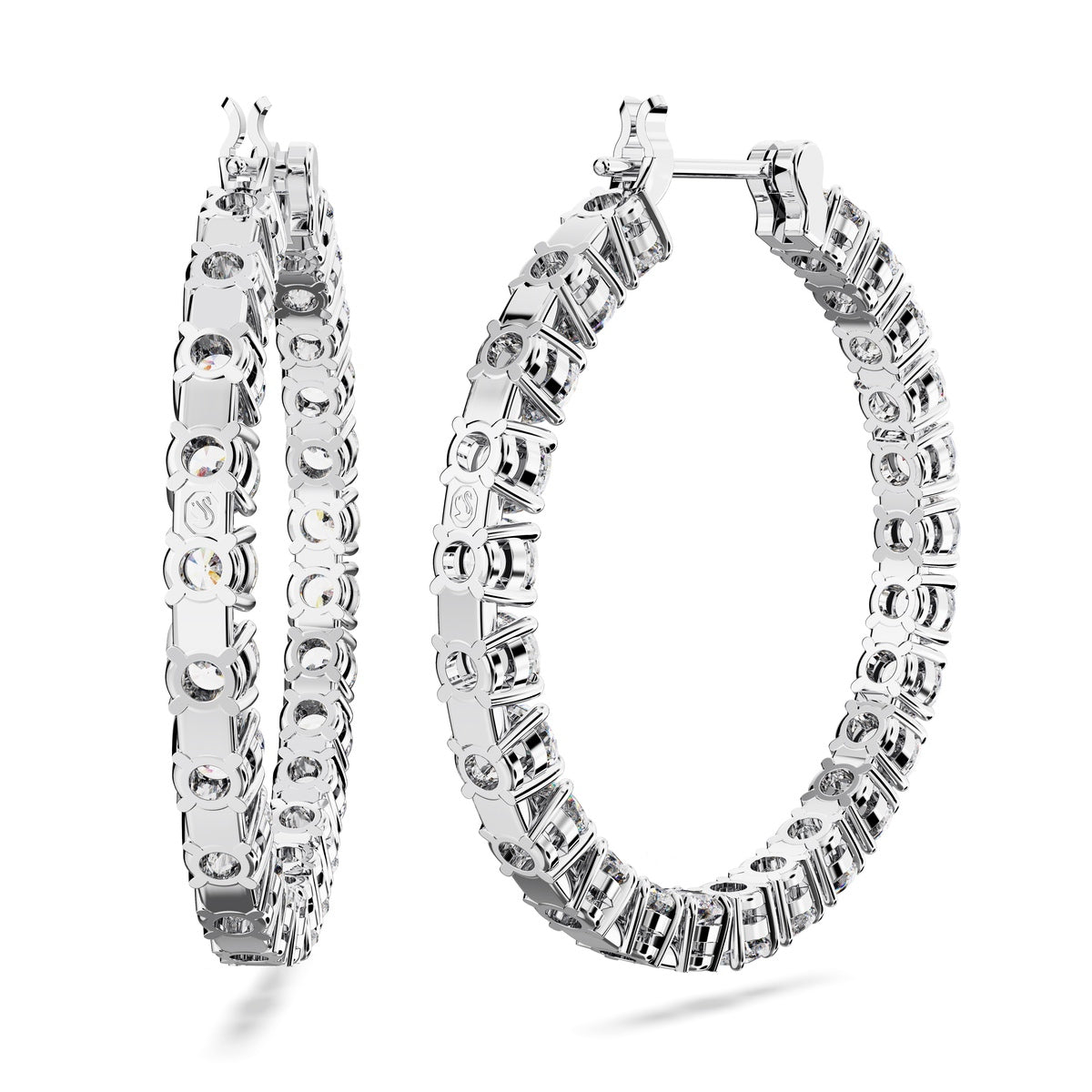 Swarovski Matrix hoop earrings with round white crystals, rhodium plated finish, showcasing elegant jewelry design