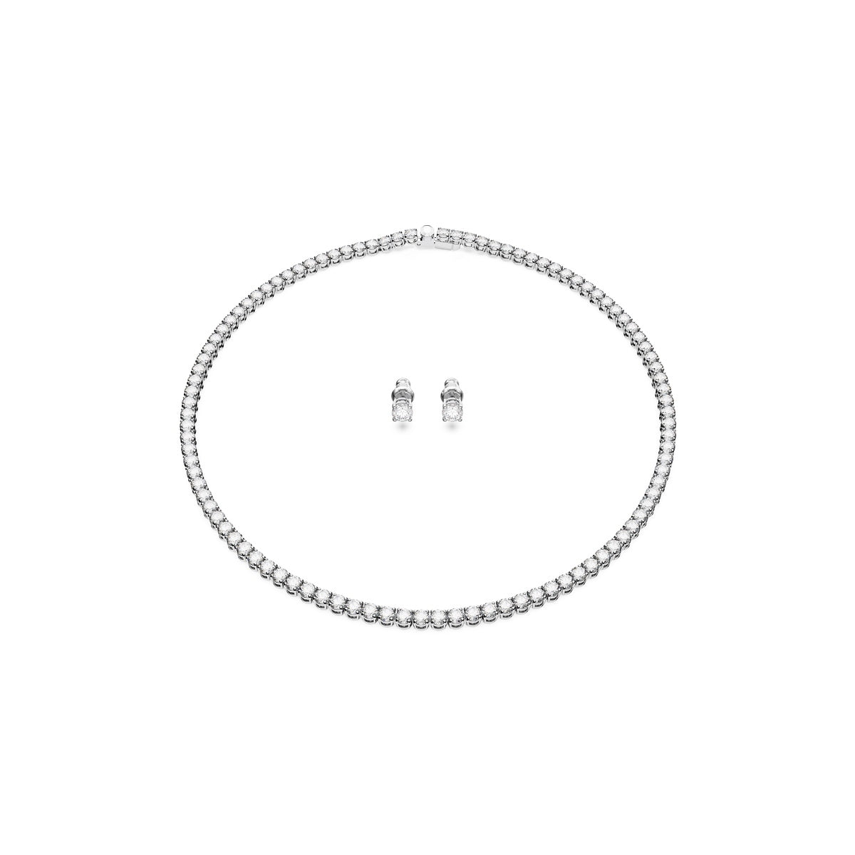 Swarovski Matrix tennis set with round-cut white crystals, rhodium-plated jewelry featuring elegant, sparkling design.
