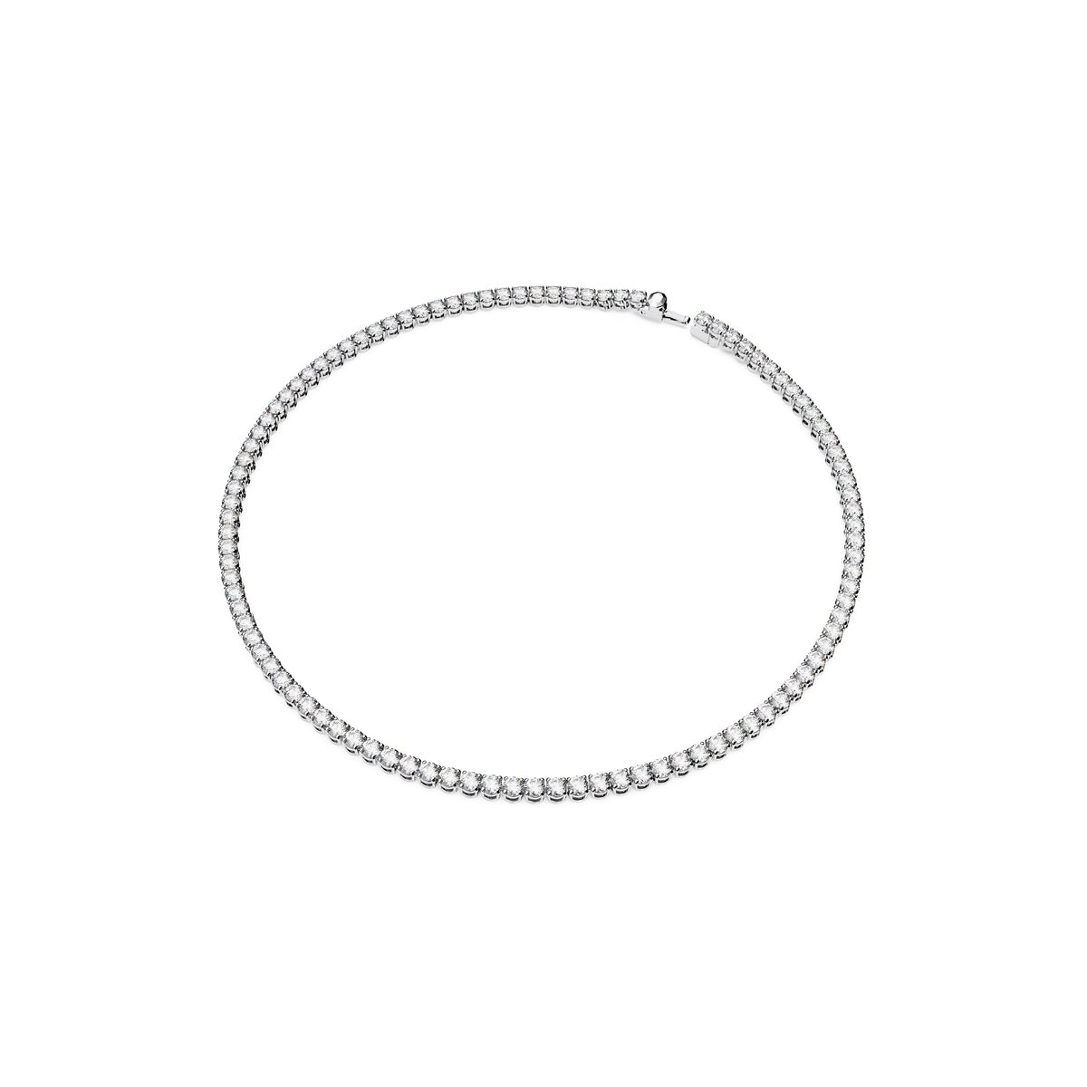 Swarovski Matrix tennis set featuring round cut white crystals with rhodium plating, showcasing elegant jewelry design.