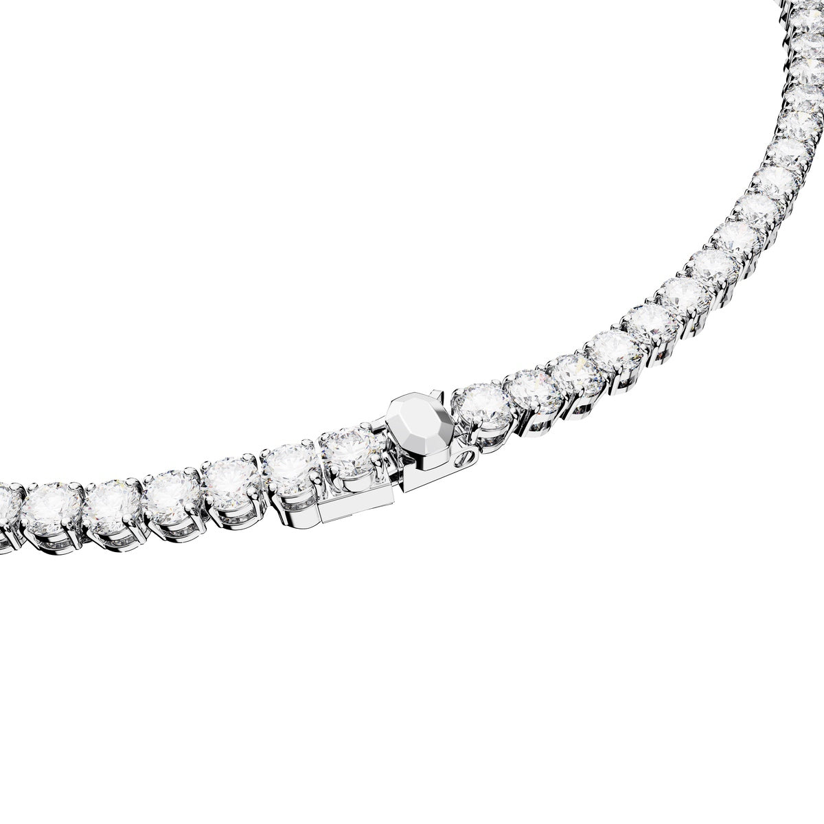 Swarovski Matrix tennis set featuring round cut white crystals with rhodium plating, elegant jewelry design.