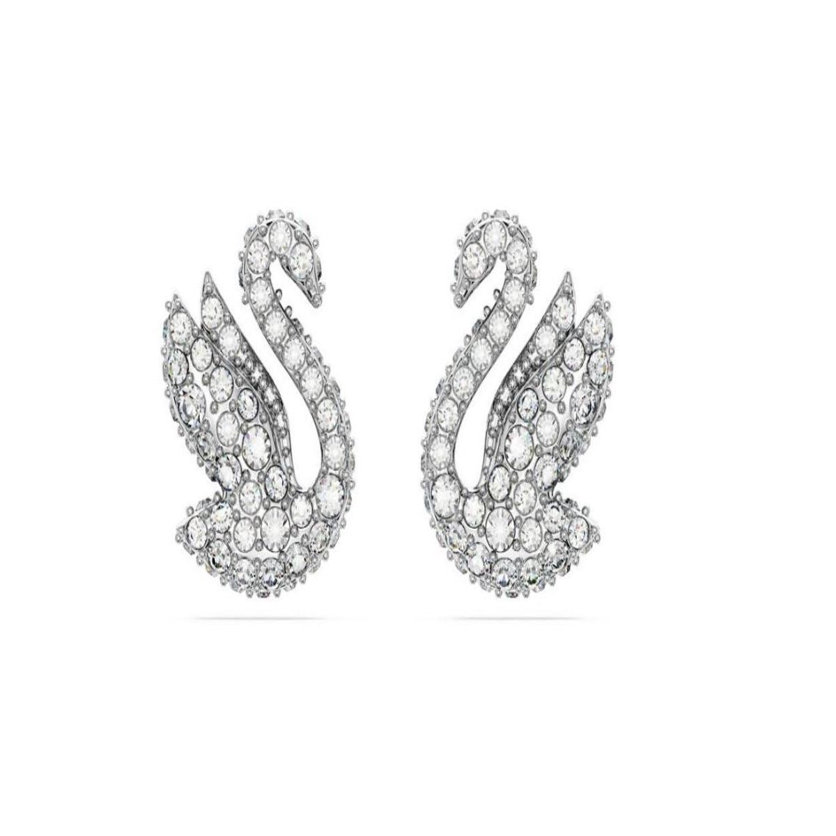 Swarovski Iconic Swan XXS earrings in clear crystal with silver-tone accents, showcasing elegant, detailed craftsmanship.